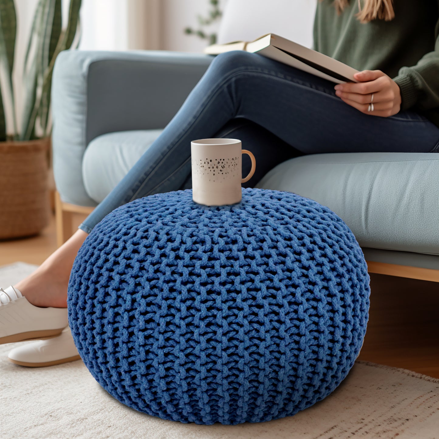 Hand Knitted Cotton Braid Pouf Ottoman Foot Stool - 20" x 14" - Accent Floor Seating for Living Room, Kids Room & Nursery