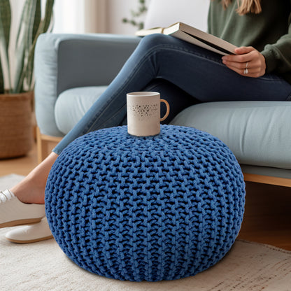 Hand Knitted Cotton Braid Pouf Ottoman Foot Stool - 20" x 14" - Accent Floor Seating for Living Room, Kids Room & Nursery