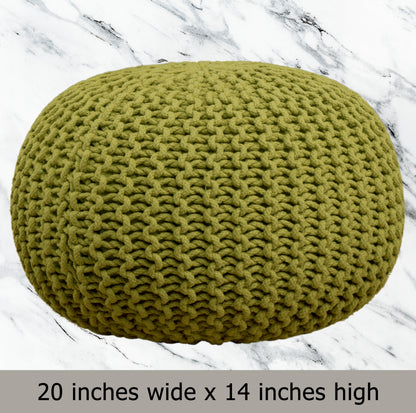 Hand Knitted Cotton Braid Pouf Ottoman Foot Stool - 20" x 14" - Accent Floor Seating for Living Room, Kids Room & Nursery