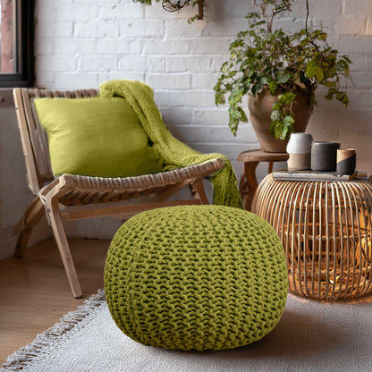 Hand Knitted Cotton Braid Pouf Ottoman Foot Stool - 20" x 14" - Accent Floor Seating for Living Room, Kids Room & Nursery