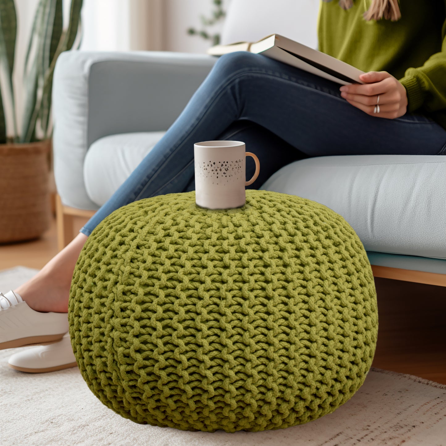 Hand Knitted Cotton Braid Pouf Ottoman Foot Stool - 20" x 14" - Accent Floor Seating for Living Room, Kids Room & Nursery