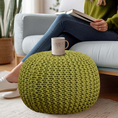 Hand Knitted Cotton Braid Pouf Ottoman Foot Stool - 20" x 14" - Accent Floor Seating for Living Room, Kids Room & Nursery