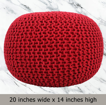 Hand Knitted Cotton Braid Pouf Ottoman Foot Stool - 20" x 14" - Accent Floor Seating for Living Room, Kids Room & Nursery
