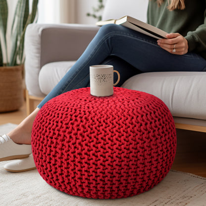 Hand Knitted Cotton Braid Pouf Ottoman Foot Stool - 20" x 14" - Accent Floor Seating for Living Room, Kids Room & Nursery