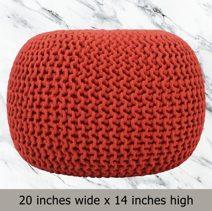 Hand Knitted Cotton Braid Pouf Ottoman Foot Stool - 20" x 14" - Accent Floor Seating for Living Room, Kids Room & Nursery
