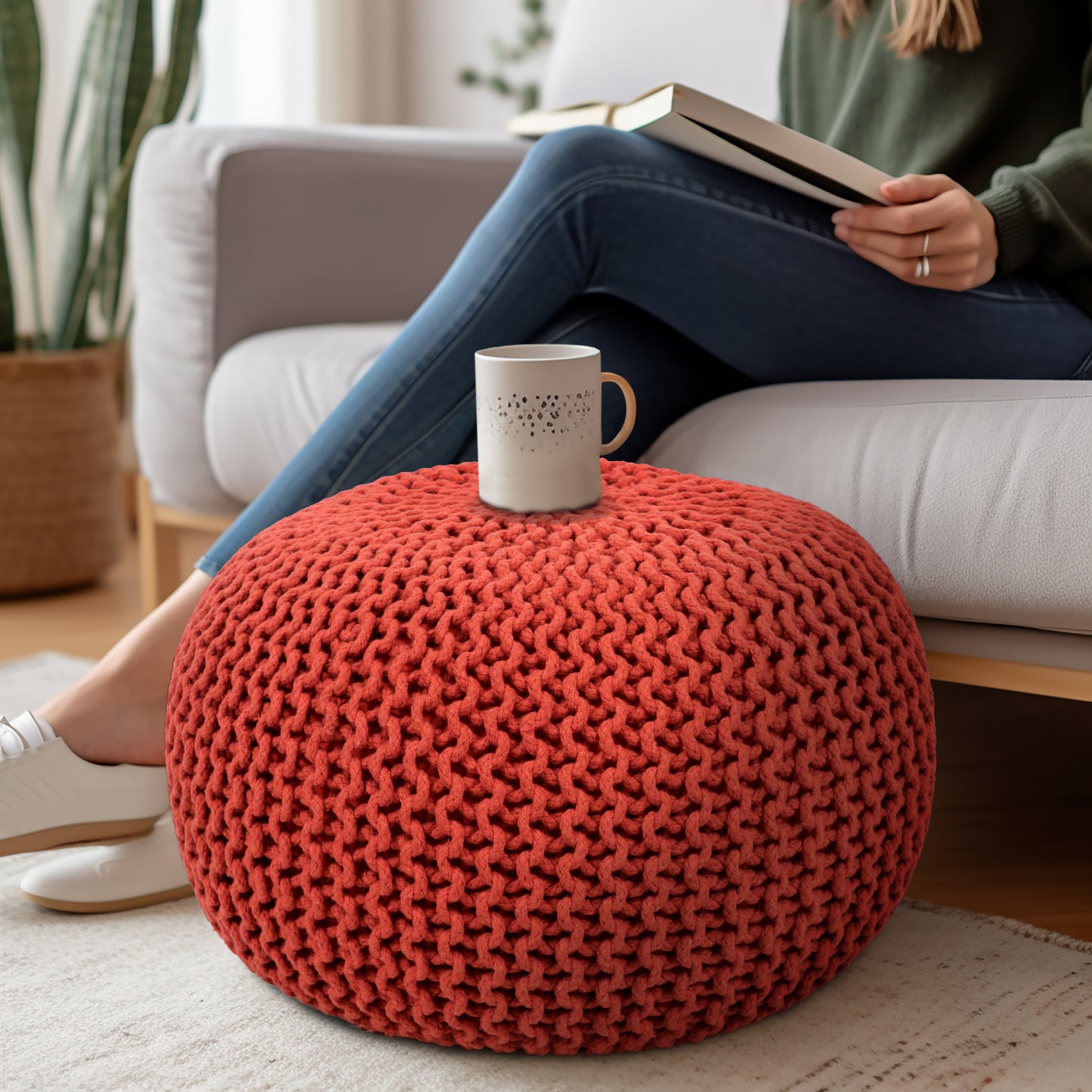 Hand Knitted Cotton Braid Pouf Ottoman Foot Stool - 20" x 14" - Accent Floor Seating for Living Room, Kids Room & Nursery