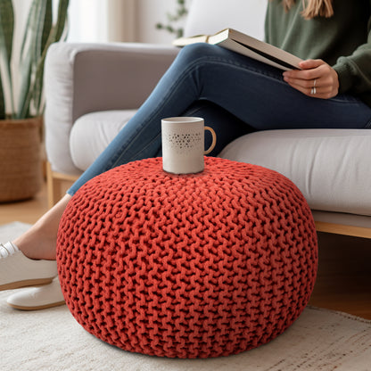 Hand Knitted Cotton Braid Pouf Ottoman Foot Stool - 20" x 14" - Accent Floor Seating for Living Room, Kids Room & Nursery