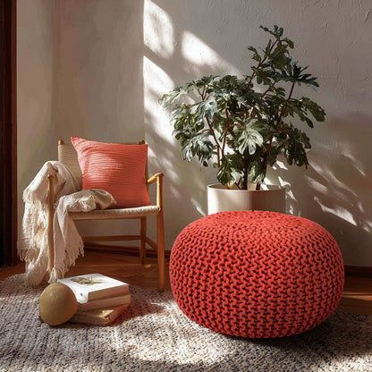 Hand Knitted Cotton Braid Pouf Ottoman Foot Stool - 20" x 14" - Accent Floor Seating for Living Room, Kids Room & Nursery