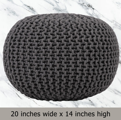 Hand Knitted Cotton Braid Pouf Ottoman Foot Stool - 20" x 14" - Accent Floor Seating for Living Room, Kids Room & Nursery