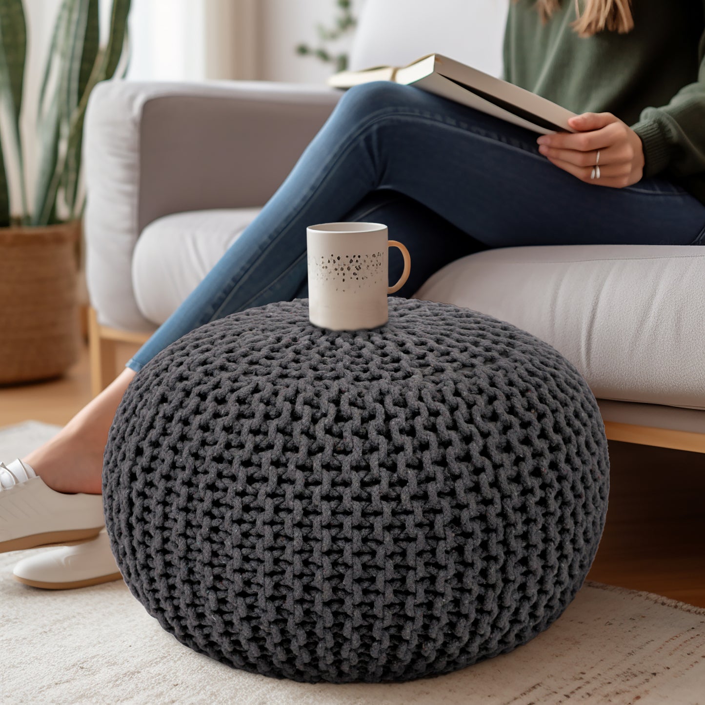 Hand Knitted Cotton Braid Pouf Ottoman Foot Stool - 20" x 14" - Accent Floor Seating for Living Room, Kids Room & Nursery