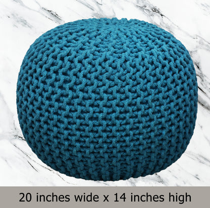 Hand Knitted Cotton Braid Pouf Ottoman Foot Stool - 20" x 14" - Accent Floor Seating for Living Room, Kids Room & Nursery
