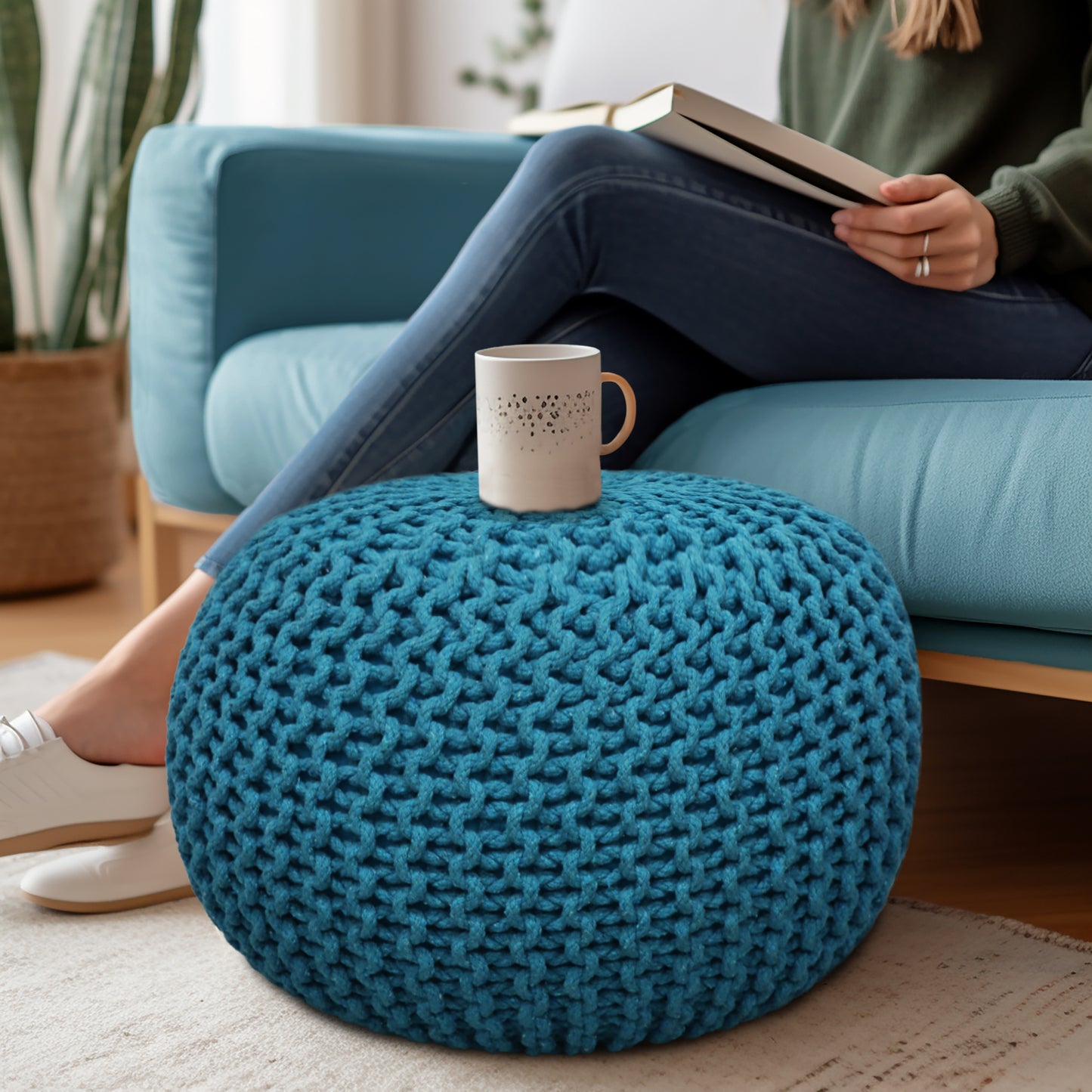 Hand Knitted Cotton Braid Pouf Ottoman Foot Stool - 20" x 14" - Accent Floor Seating for Living Room, Kids Room & Nursery