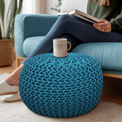 Hand Knitted Cotton Braid Pouf Ottoman Foot Stool - 20" x 14" - Accent Floor Seating for Living Room, Kids Room & Nursery