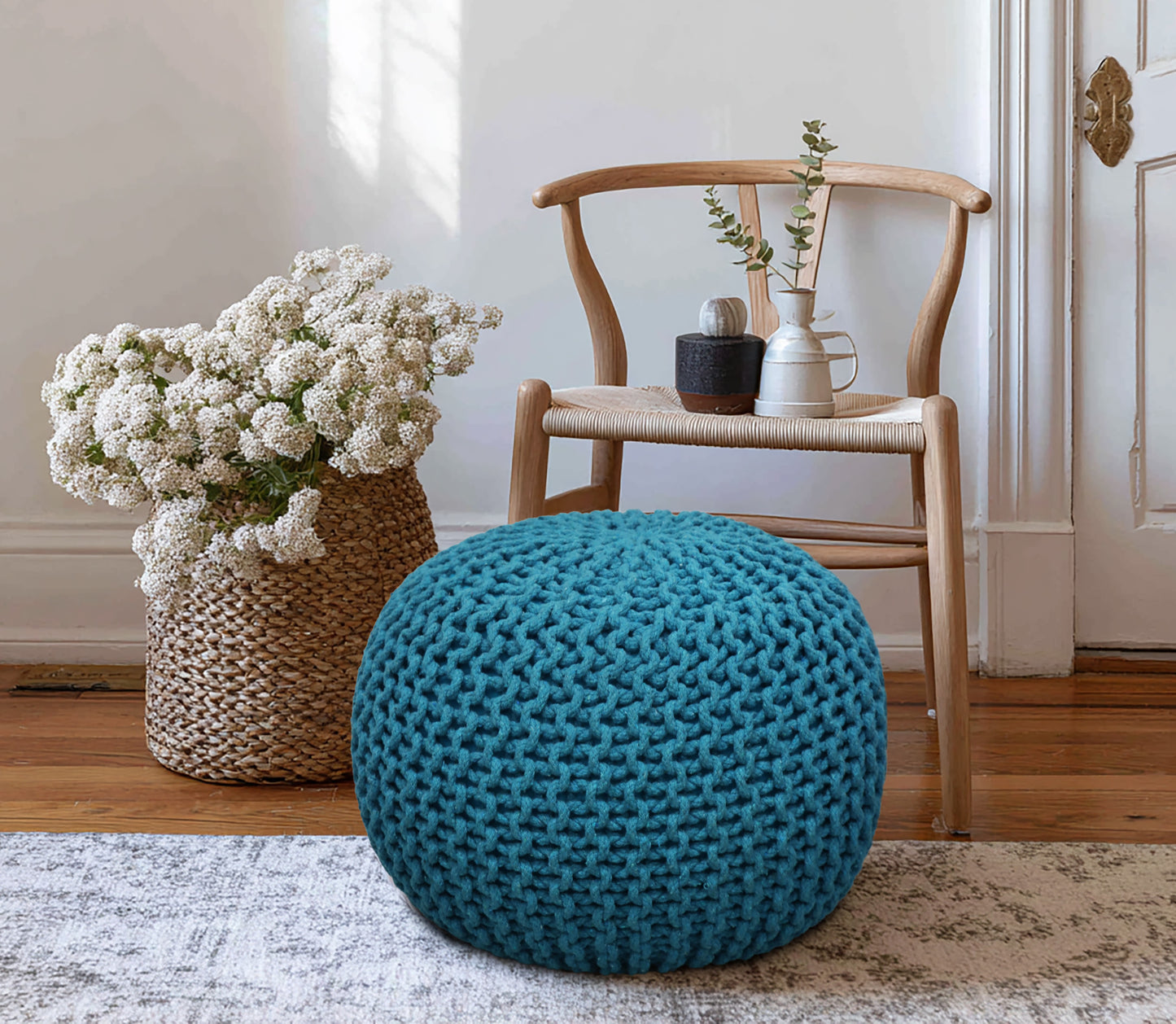 Hand Knitted Cotton Braid Pouf Ottoman Foot Stool - 20" x 14" - Accent Floor Seating for Living Room, Kids Room & Nursery