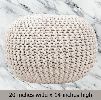 Hand Knitted Cotton Braid Pouf Ottoman Foot Stool - 20" x 14" - Accent Floor Seating for Living Room, Kids Room & Nursery