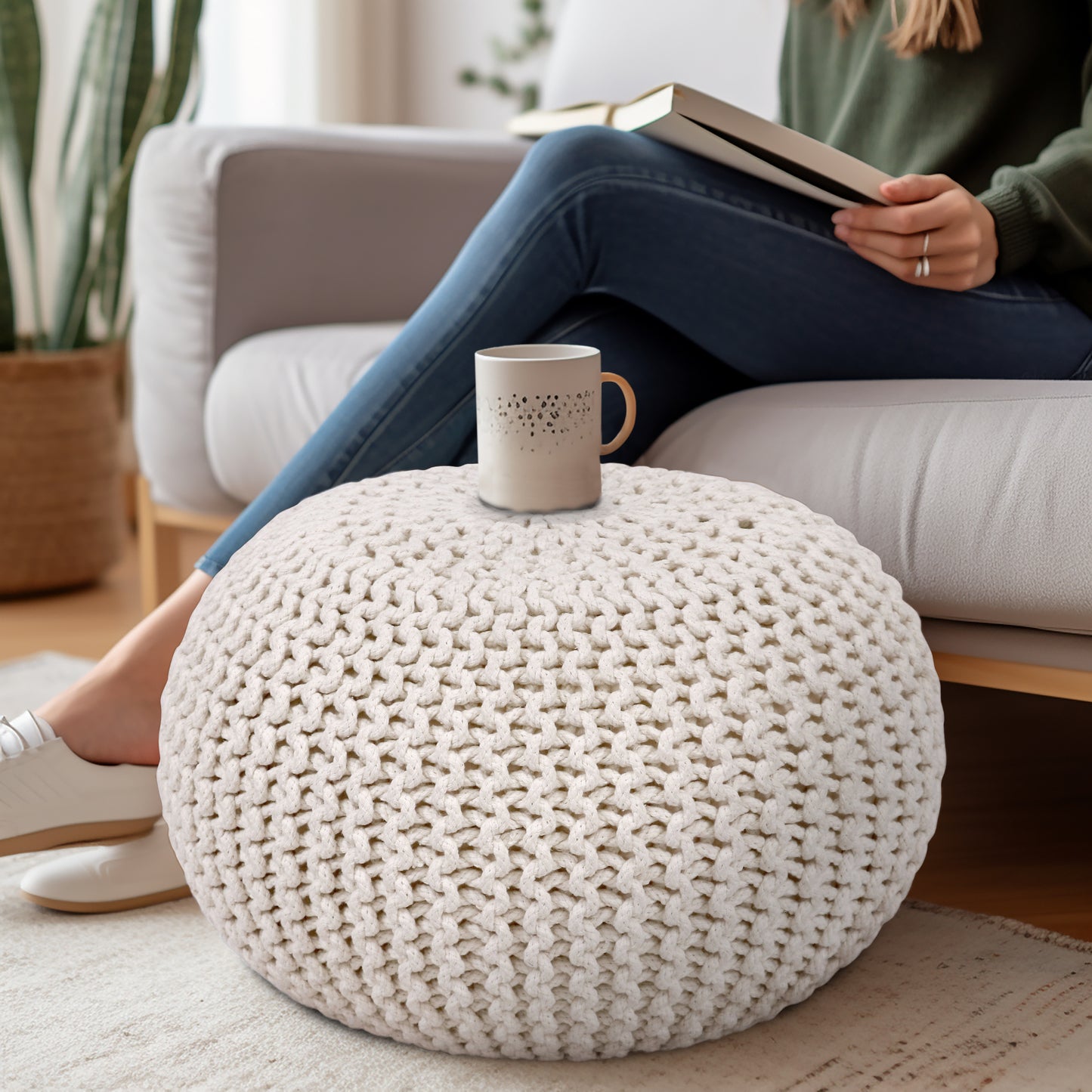Hand Knitted Cotton Braid Pouf Ottoman Foot Stool - 20" x 14" - Accent Floor Seating for Living Room, Kids Room & Nursery