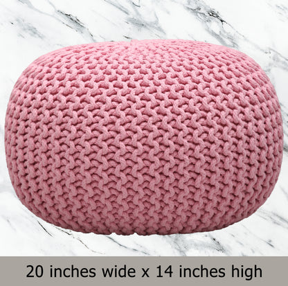 Hand Knitted Cotton Braid Pouf Ottoman Foot Stool - 20" x 14" - Accent Floor Seating for Living Room, Kids Room & Nursery