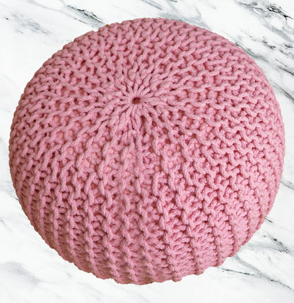 Hand Knitted Cotton Braid Pouf Ottoman Foot Stool - 20" x 14" - Accent Floor Seating for Living Room, Kids Room & Nursery