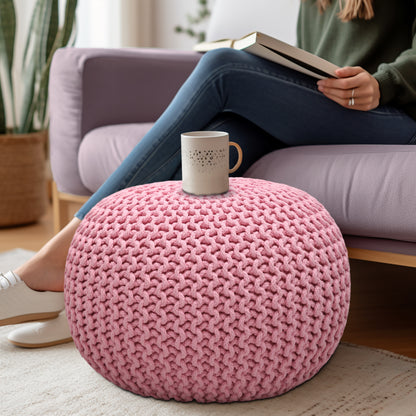 Hand Knitted Cotton Braid Pouf Ottoman Foot Stool - 20" x 14" - Accent Floor Seating for Living Room, Kids Room & Nursery