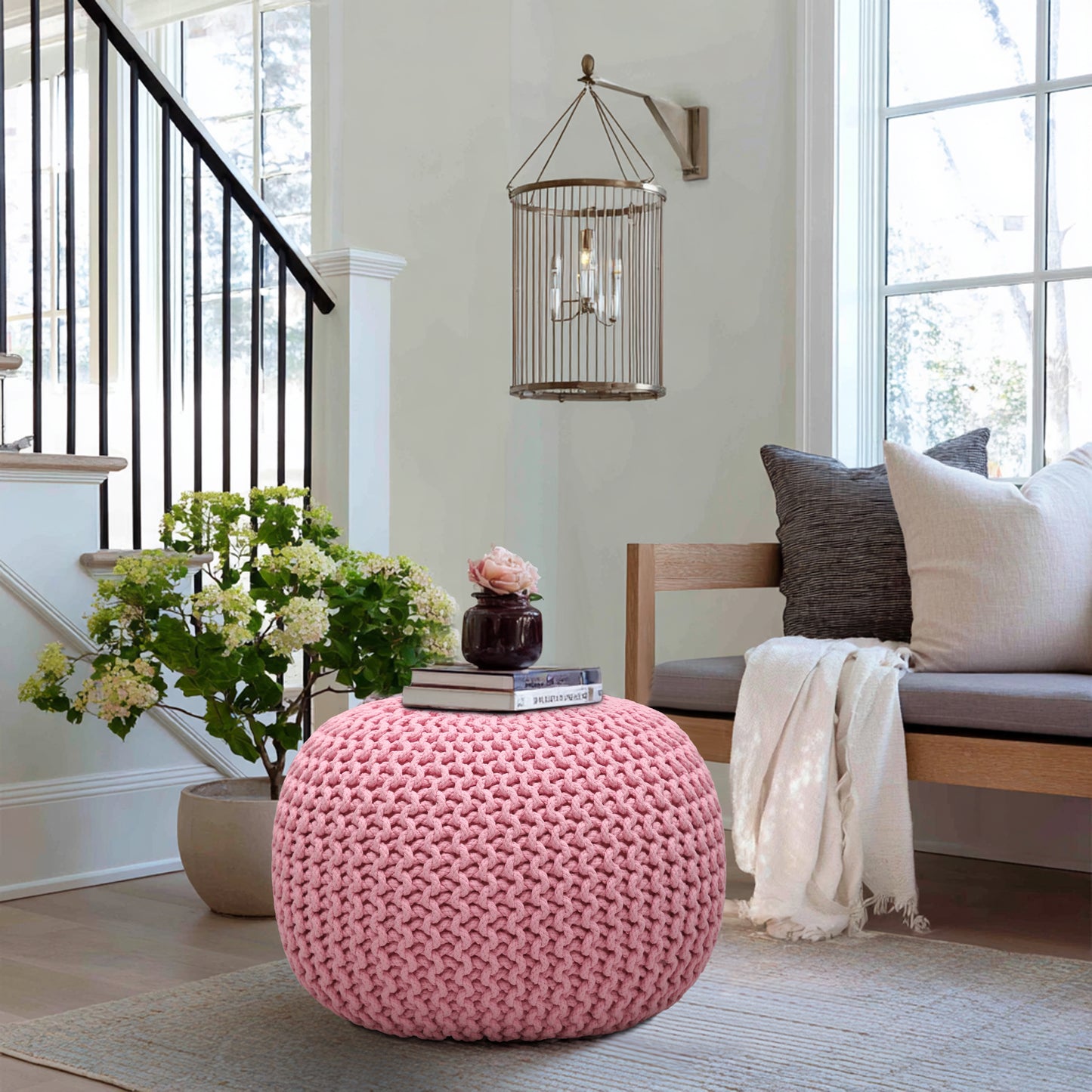 Hand Knitted Cotton Braid Pouf Ottoman Foot Stool - 20" x 14" - Accent Floor Seating for Living Room, Kids Room & Nursery