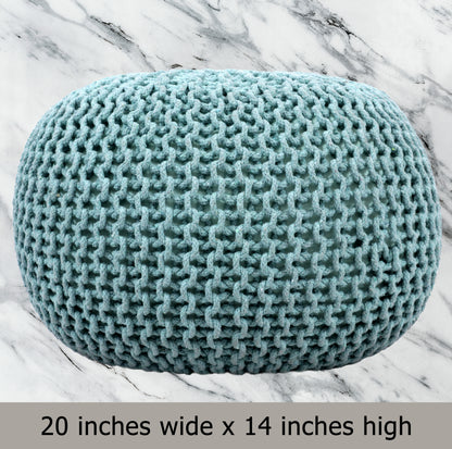 Hand Knitted Cotton Braid Pouf Ottoman Foot Stool - 20" x 14" - Accent Floor Seating for Living Room, Kids Room & Nursery