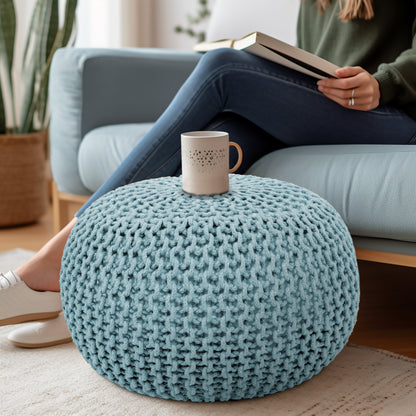 Hand Knitted Cotton Braid Pouf Ottoman Foot Stool - 20" x 14" - Accent Floor Seating for Living Room, Kids Room & Nursery