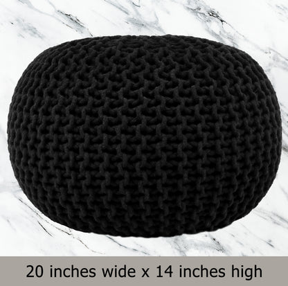 Hand Knitted Cotton Braid Pouf Ottoman Foot Stool - 20" x 14" - Accent Floor Seating for Living Room, Kids Room & Nursery