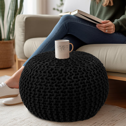 Hand Knitted Cotton Braid Pouf Ottoman Foot Stool - 20" x 14" - Accent Floor Seating for Living Room, Kids Room & Nursery