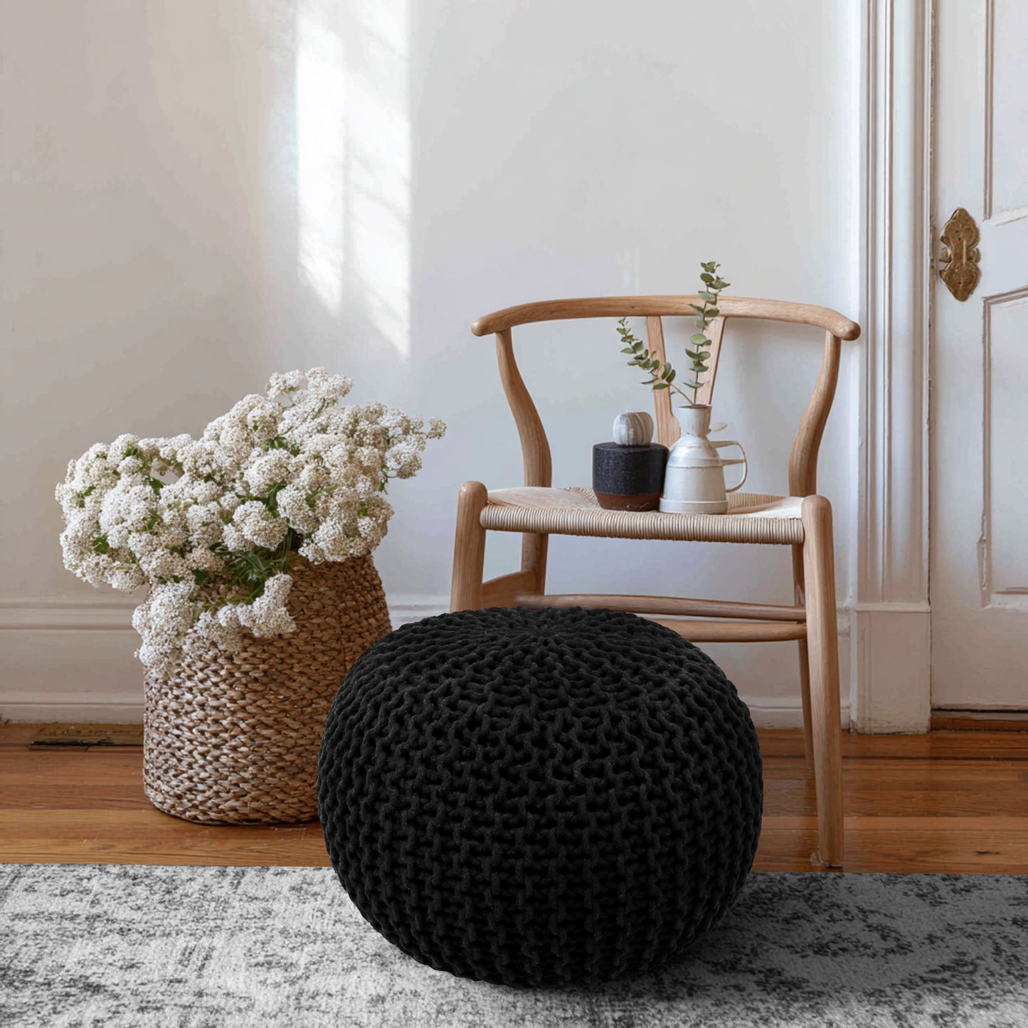 Hand Knitted Cotton Braid Pouf Ottoman Foot Stool - 20" x 14" - Accent Floor Seating for Living Room, Kids Room & Nursery