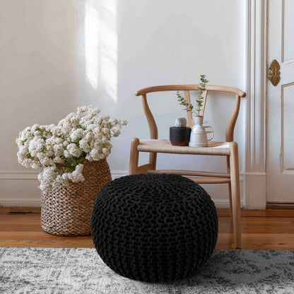 Hand Knitted Cotton Braid Pouf Ottoman Foot Stool - 20" x 14" - Accent Floor Seating for Living Room, Kids Room & Nursery