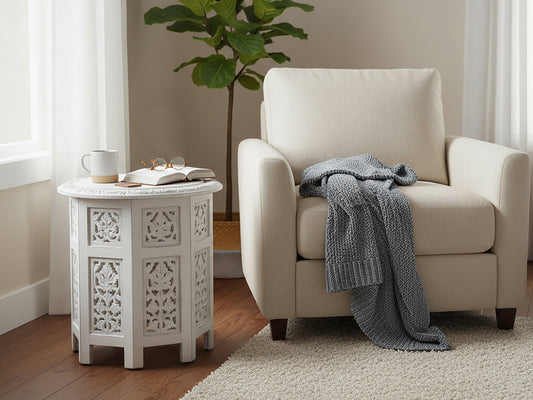 Hand-Carved Round Wood Accent Table with Ornate Leaf Panel Design – 18 x 18 Inches – Antique White Finish – No Tools Required, Easy Assembly