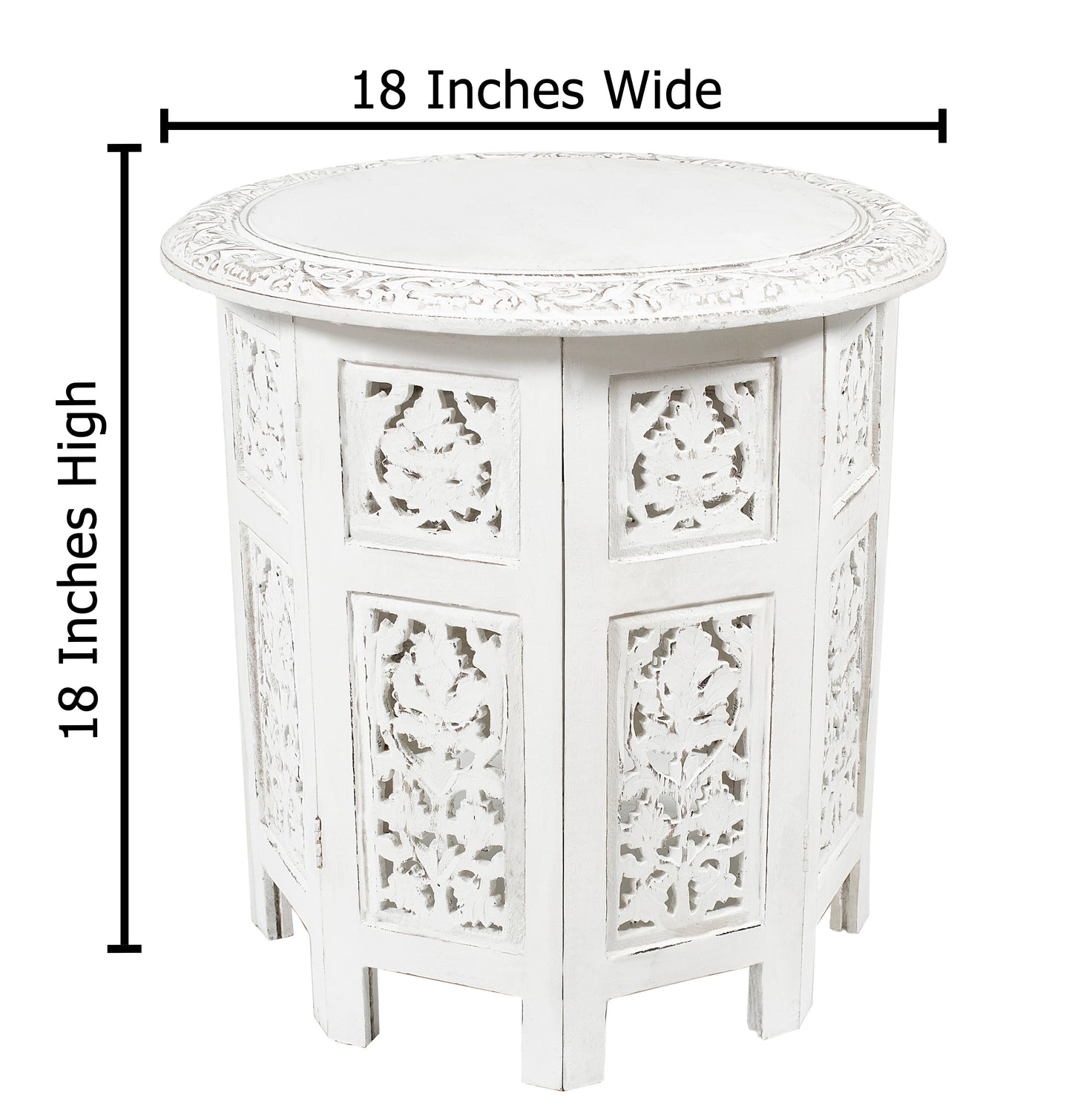 Hand-Carved Round Wood Accent Table with Ornate Leaf Panel Design – 18 x 18 Inches – Antique White Finish – No Tools Required, Easy Assembly
