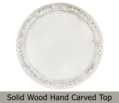 Hand-Carved Round Wood Accent Table with Ornate Leaf Panel Design – 18 x 18 Inches – Antique White Finish – No Tools Required, Easy Assembly