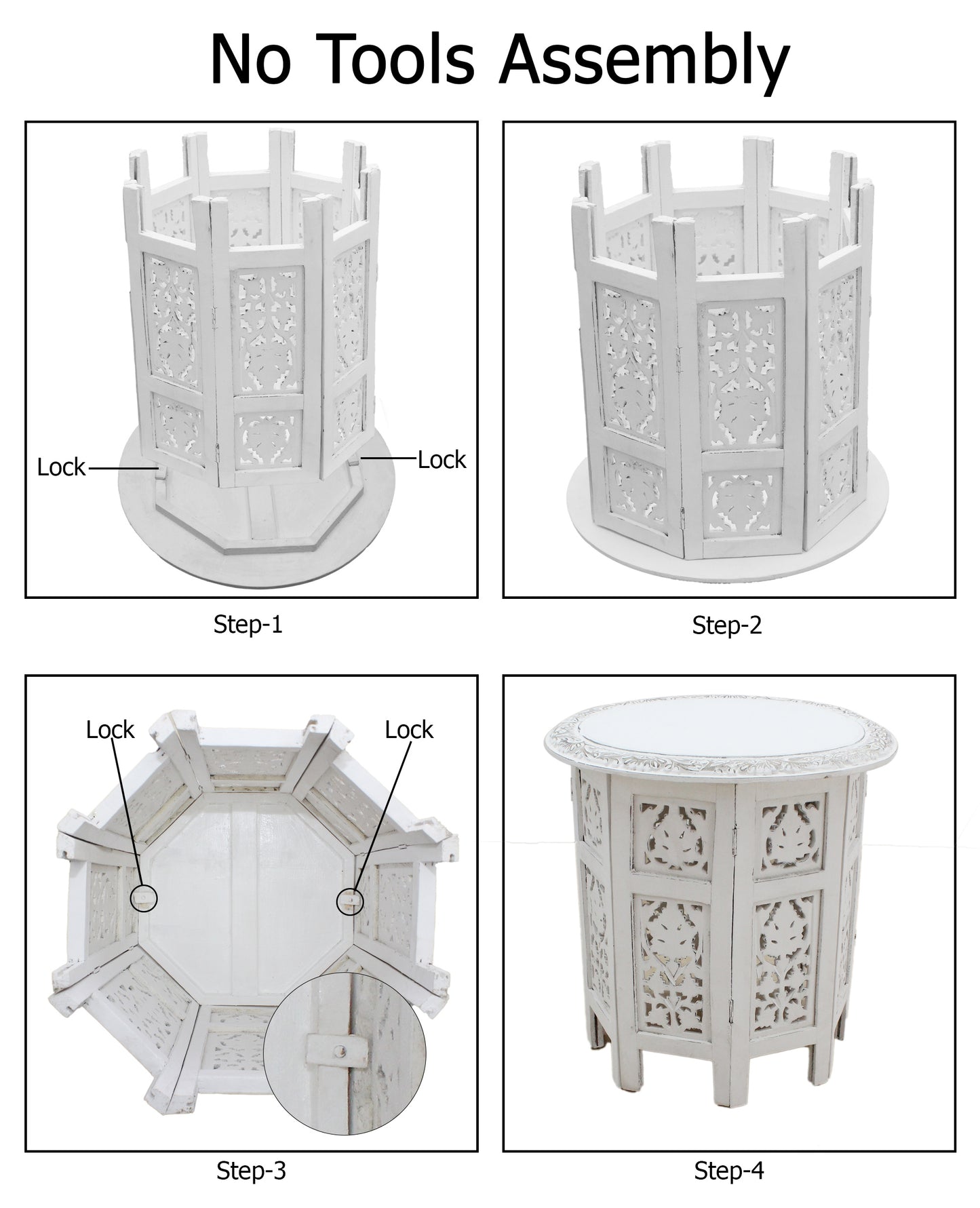 Hand-Carved Round Wood Accent Table with Ornate Leaf Panel Design – 18 x 18 Inches – Antique White Finish – No Tools Required, Easy Assembly