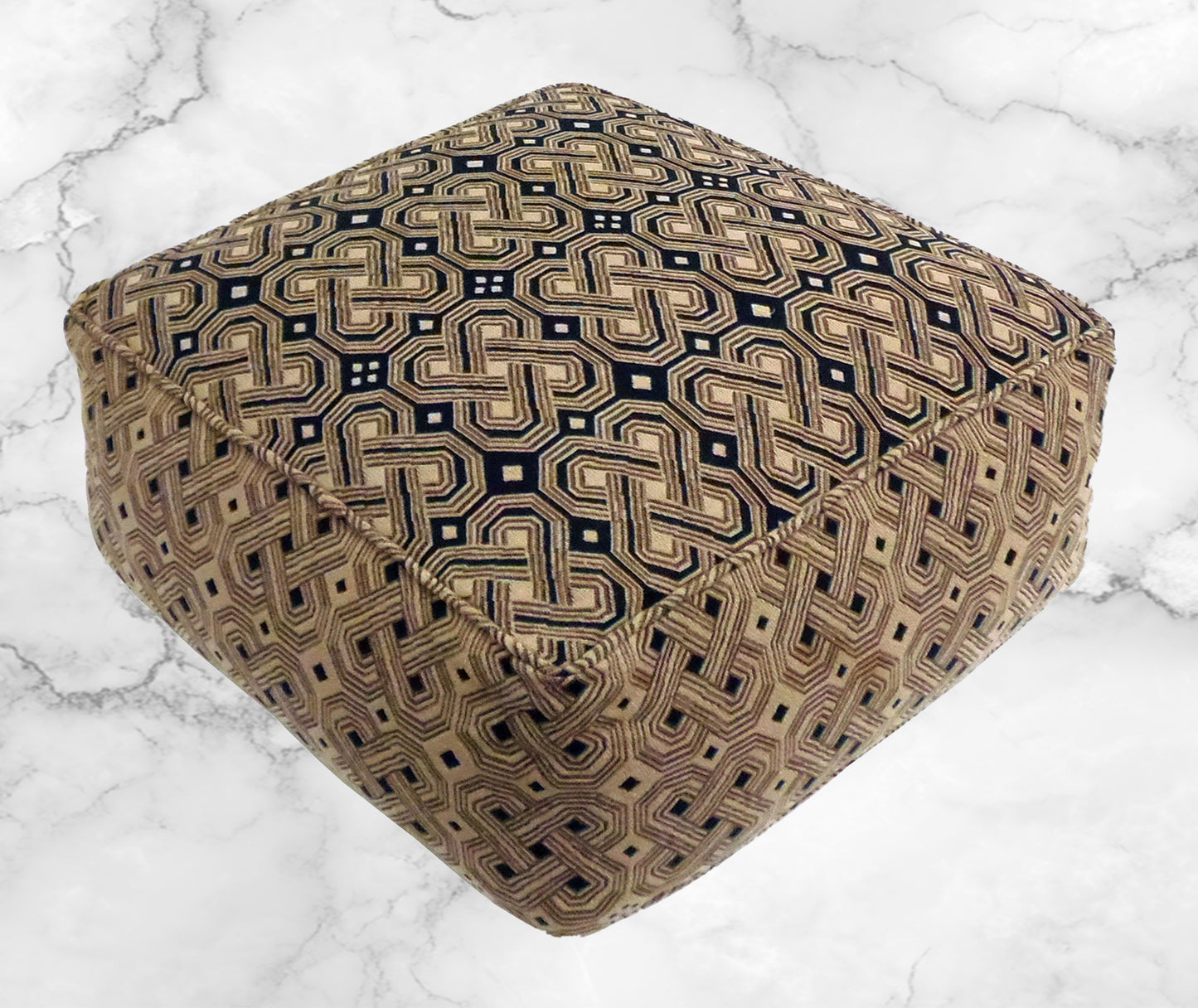 Handmade Cotton Kuba Pouf - Cotton Fabric Ottoman Foot Stool -Black/Beige - 24" x 24" x 12"- Truly one of a Kind Accent Floor Seating for Living Room, Kids Room & Nursery