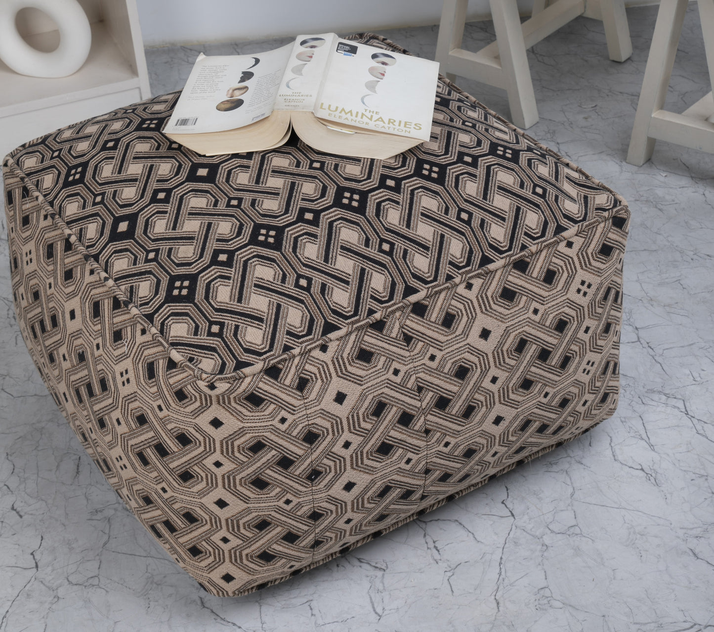 Handmade Cotton Kuba Pouf - Cotton Fabric Ottoman Foot Stool -Black/Beige - 24" x 24" x 12"- Truly one of a Kind Accent Floor Seating for Living Room, Kids Room & Nursery