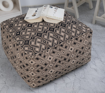 Handmade Cotton Kuba Pouf - Cotton Fabric Ottoman Foot Stool -Black/Beige - 24" x 24" x 12"- Truly one of a Kind Accent Floor Seating for Living Room, Kids Room & Nursery