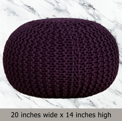 Hand Knitted Cotton Braid Pouf Ottoman Foot Stool - 20" x 14" - Accent Floor Seating for Living Room, Kids Room & Nursery