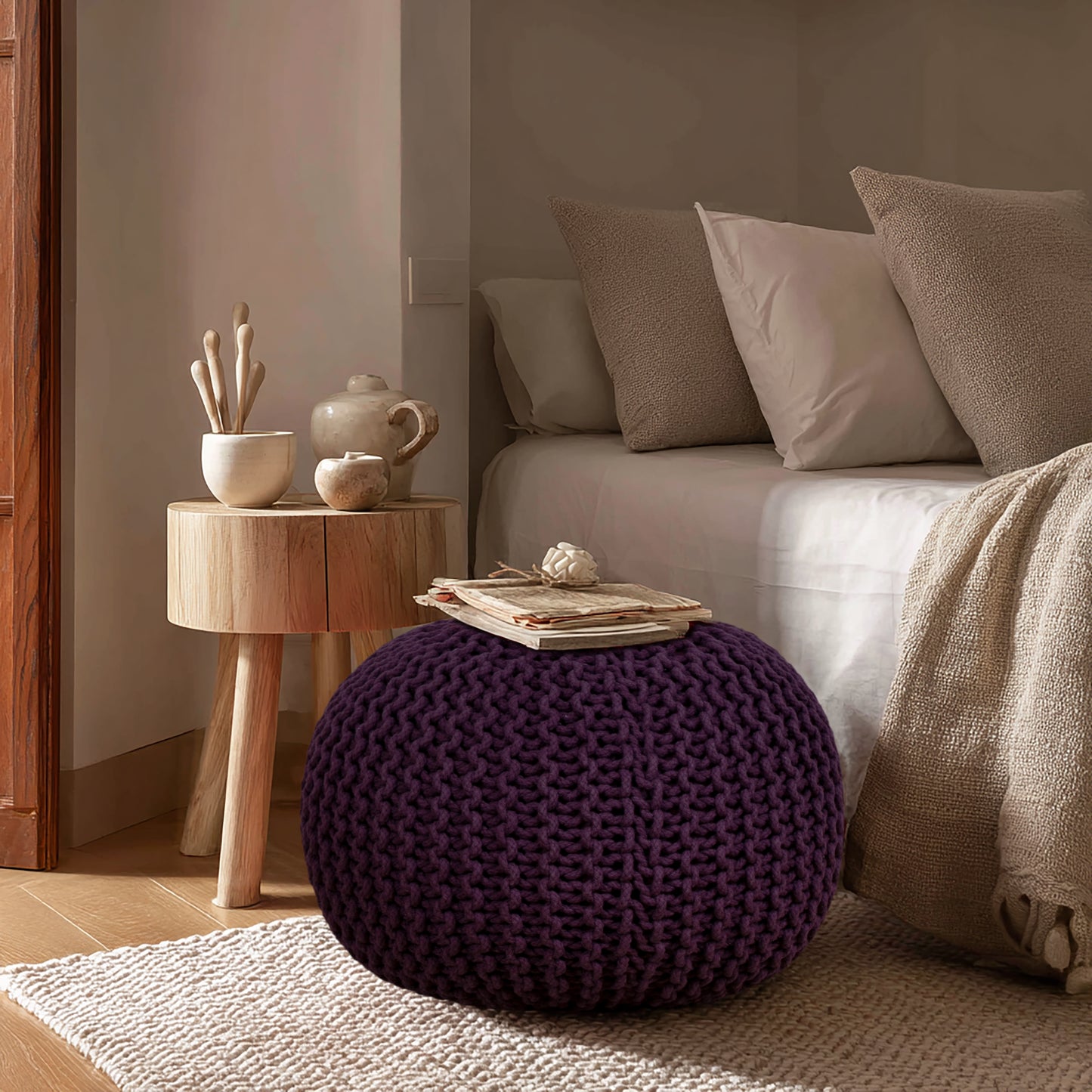 Hand Knitted Cotton Braid Pouf Ottoman Foot Stool - 20" x 14" - Accent Floor Seating for Living Room, Kids Room & Nursery