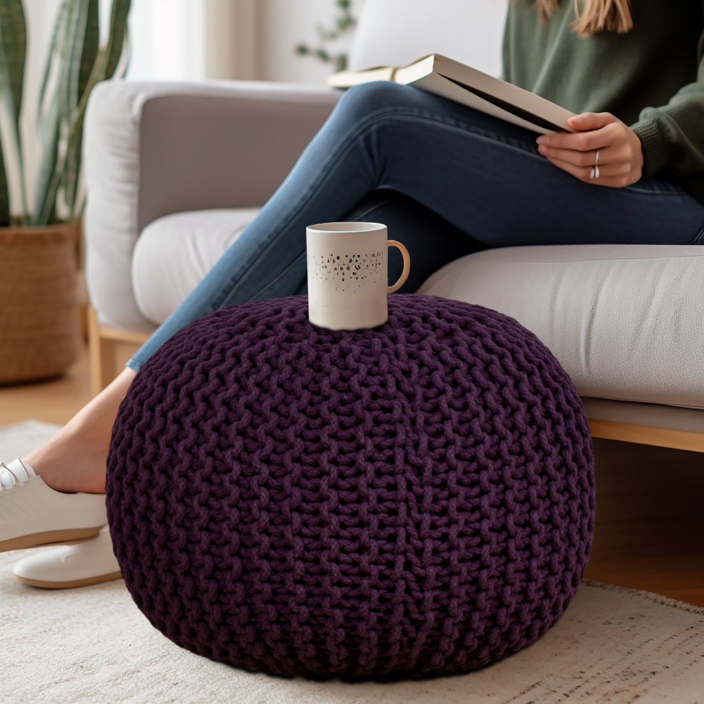 Hand Knitted Cotton Braid Pouf Ottoman Foot Stool - 20" x 14" - Accent Floor Seating for Living Room, Kids Room & Nursery