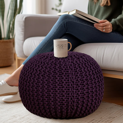 Hand Knitted Cotton Braid Pouf Ottoman Foot Stool - 20" x 14" - Accent Floor Seating for Living Room, Kids Room & Nursery