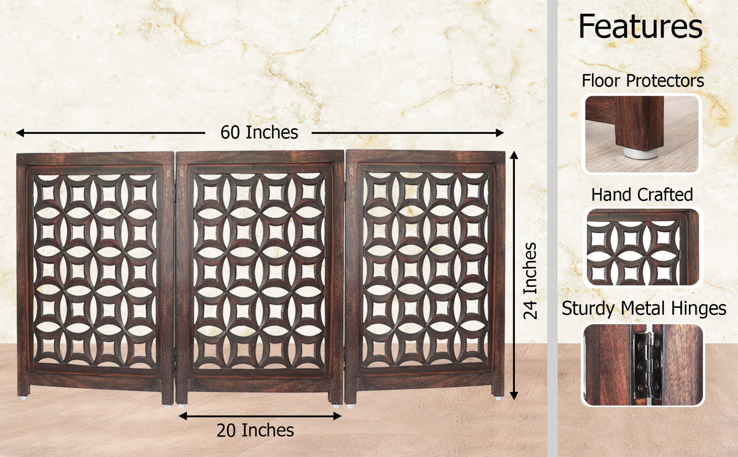 Hand-Carved Wooden Foldable 3 Panels Pet Gate  60" x 24"–  Freestanding, Portable, Fully Assembled – Antique Brown