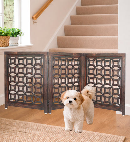 Hand-Carved Wooden Foldable 3 Panels Pet Gate  60" x 24"–  Freestanding, Portable, Fully Assembled – Antique Brown