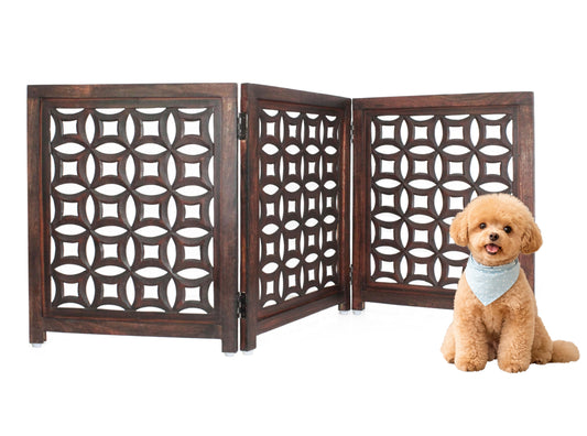 Hand-Carved Wooden Foldable 3 Panels Pet Gate  60" x 24"–  Freestanding, Portable, Fully Assembled – Antique Brown