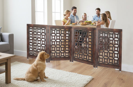 Hand-Carved Wooden Foldable 4 Panels Pet Gate  80" x 24"–  Freestanding, Portable, Fully Assembled – Antique Brown