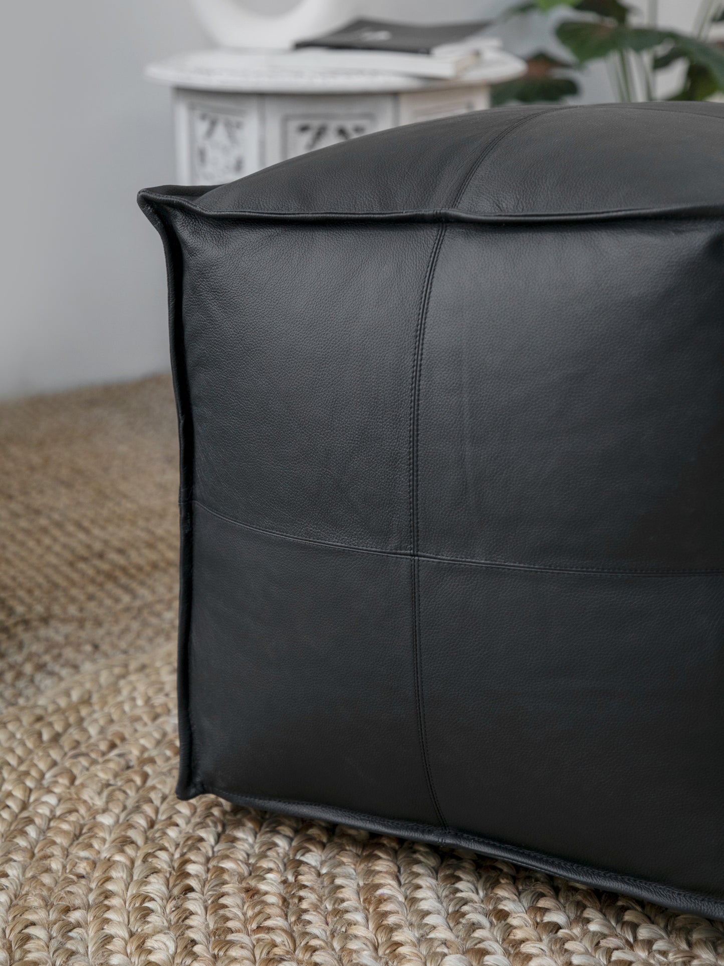 Genuine Leather Pouf Ottoman Seat – Handmade Moroccan Footrest, Pre-Filled Comfort, Classic Contemporary Home Office Accent Furniture, 17" x 17" Square