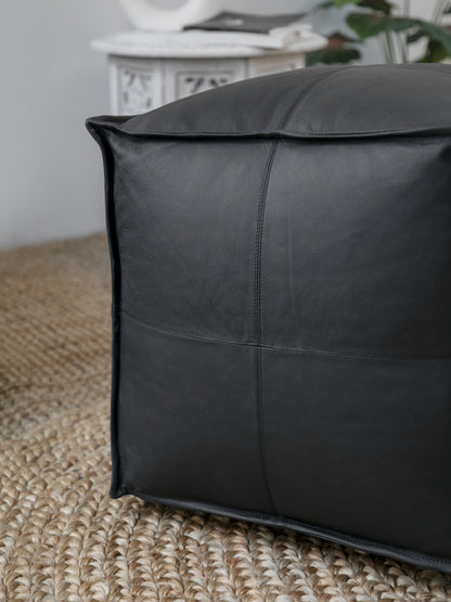 Genuine Leather Pouf Ottoman Seat – Handmade Moroccan Footrest, Pre-Filled Comfort, Classic Contemporary Home Office Accent Furniture, 17" x 17" Square