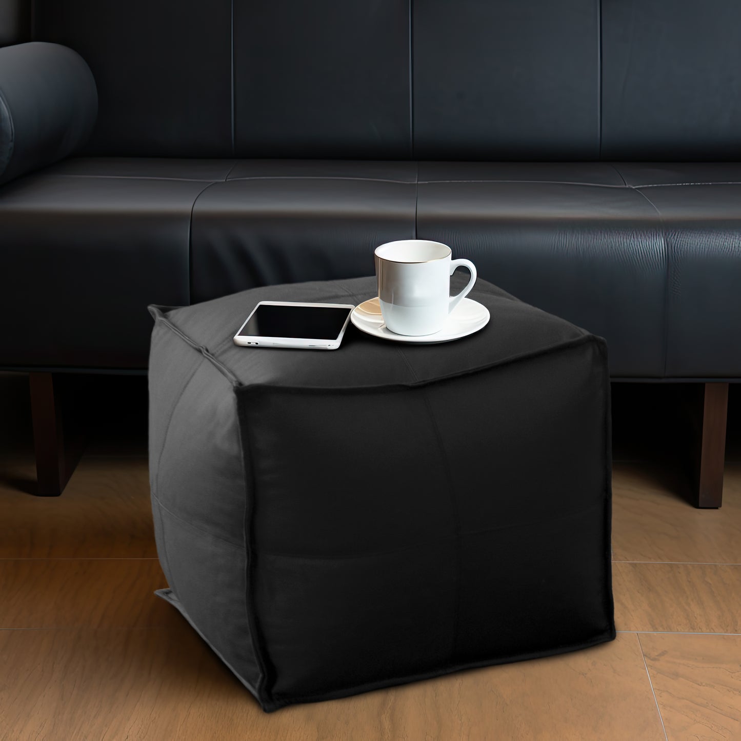 Genuine Leather Pouf Ottoman Seat – Handmade Moroccan Footrest, Pre-Filled Comfort, Classic Contemporary Home Office Accent Furniture, 17" x 17" Square