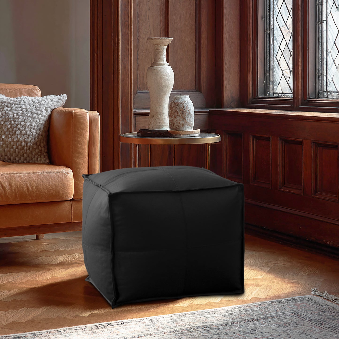 Genuine Leather Pouf Ottoman Seat – Handmade Moroccan Footrest, Pre-Filled Comfort, Classic Contemporary Home Office Accent Furniture, 17" x 17" Square