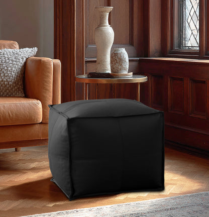 Genuine Leather Pouf Ottoman Seat – Handmade Moroccan Footrest, Pre-Filled Comfort, Classic Contemporary Home Office Accent Furniture, 17" x 17" Square